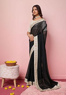 Black Embroidered Organza Saree Set