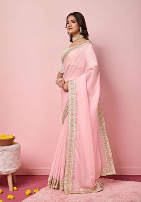 Pink Embroidered Organza Saree Set