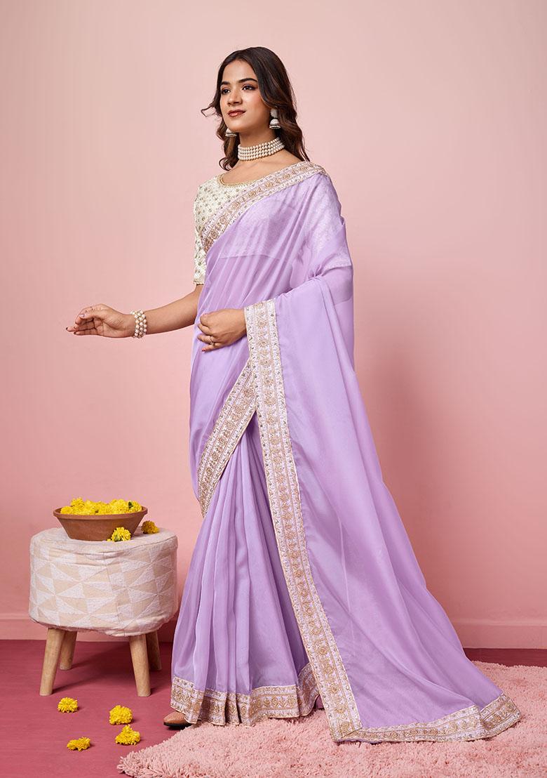 Purple Embroidered Organza Saree Set