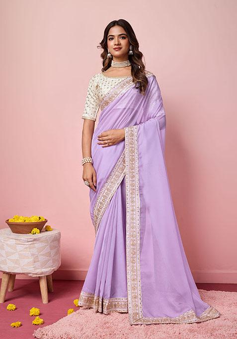 Purple Embroidered Organza Saree Set