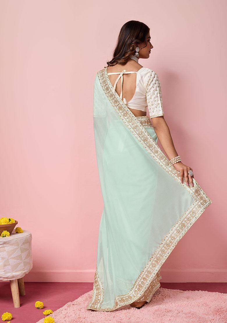 Sea Green Embroidered Organza Saree Set