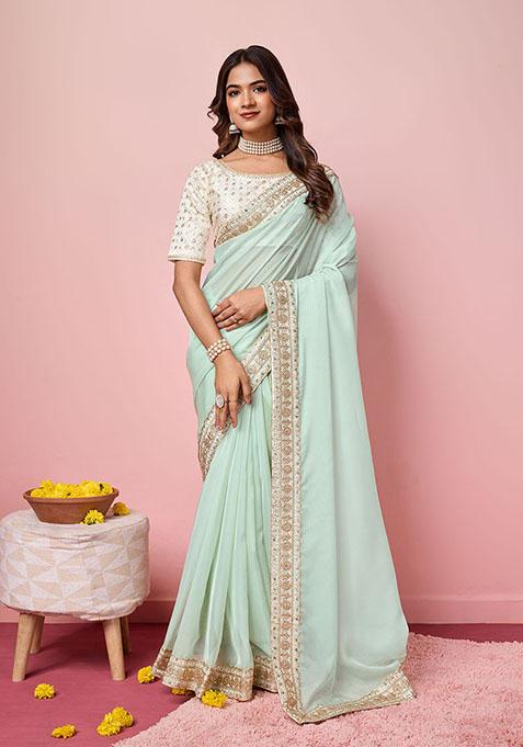 Sea Green Embroidered Organza Saree Set