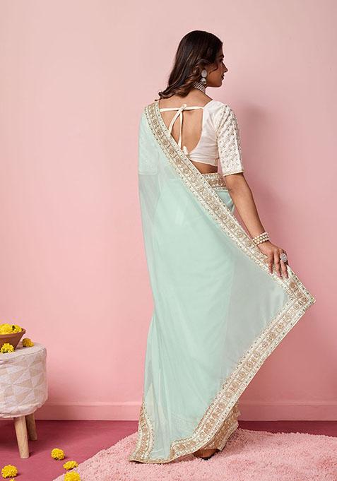 Sea Green Embroidered Organza Saree Set