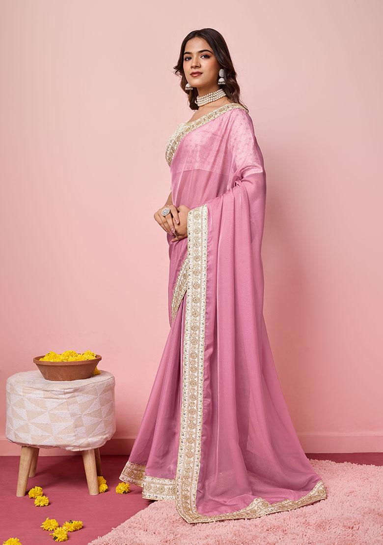Pink Embroidered Organza Saree Set
