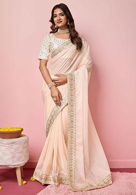 Peach Embroidered Organza Saree Set