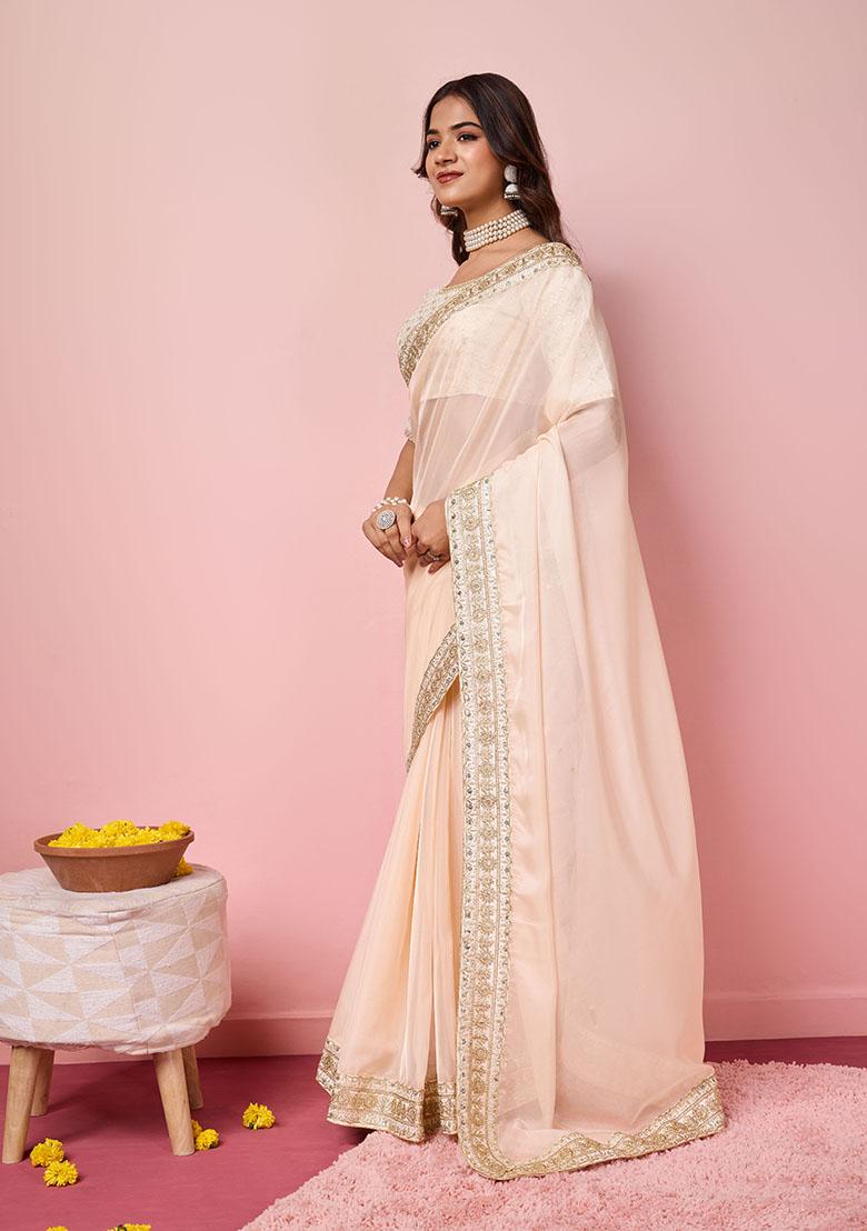 Peach Embroidered Organza Saree Set
