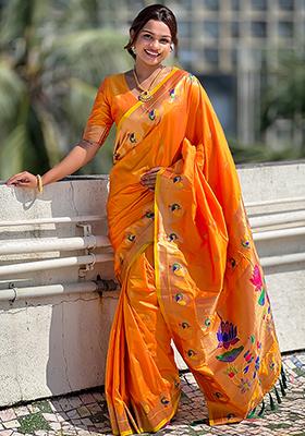 Orange Woven Silk Saree Set