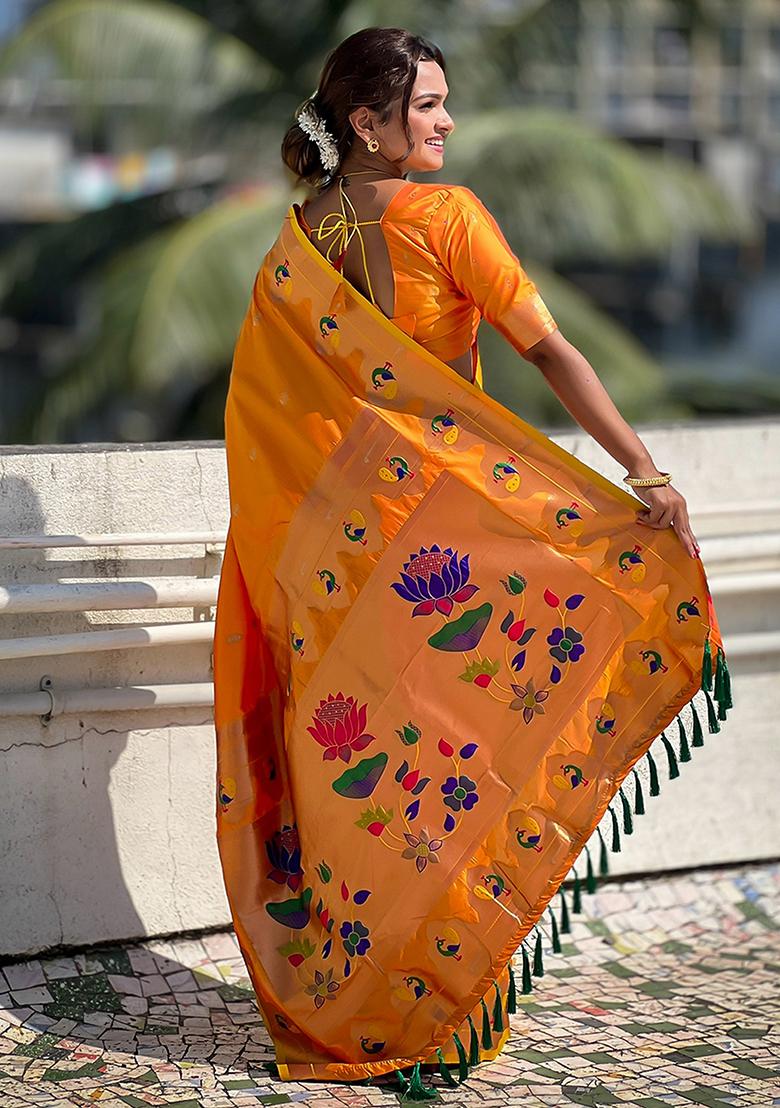 Orange Woven Silk Saree Set