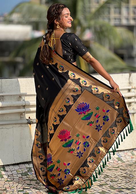 Black Woven Silk Saree Set