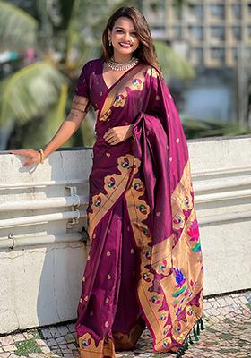 Magenta Woven Silk Saree Set