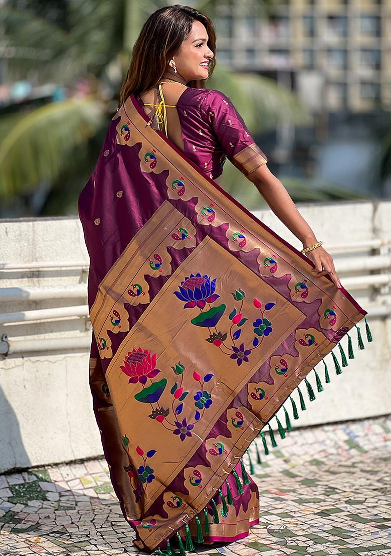 Magenta Woven Silk Saree Set