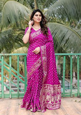 Purple Woven Silk Saree Set