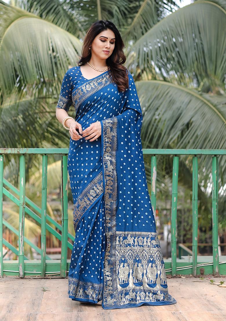 Blue Woven Silk Saree Set