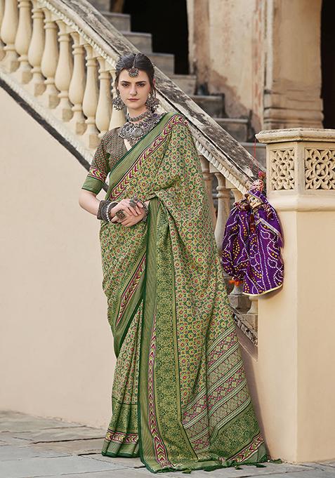 Green Printed Silk Saree Set