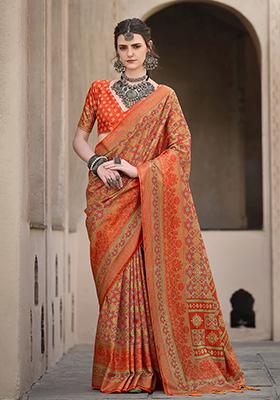 Orange Printed Silk Saree Set