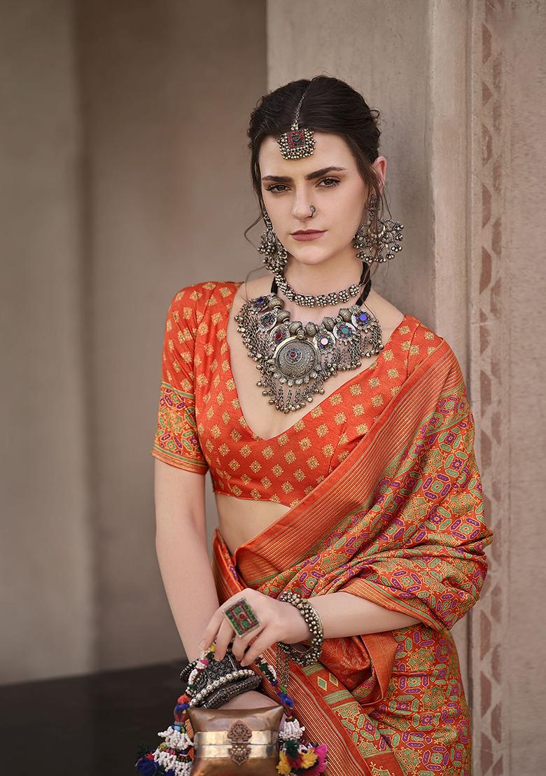 Orange Printed Silk Saree Set