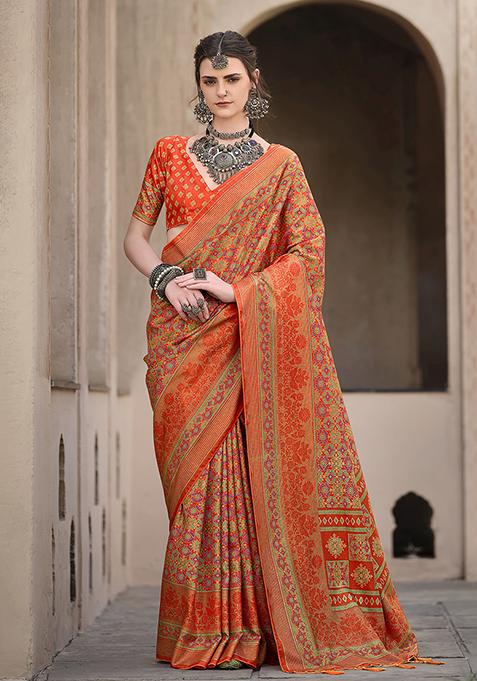Orange Printed Silk Saree Set
