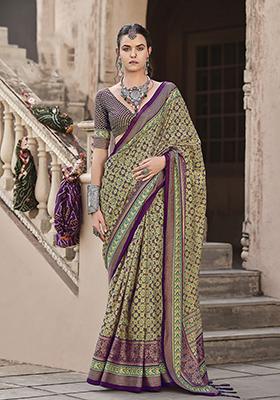 Purple Printed Silk Saree Set