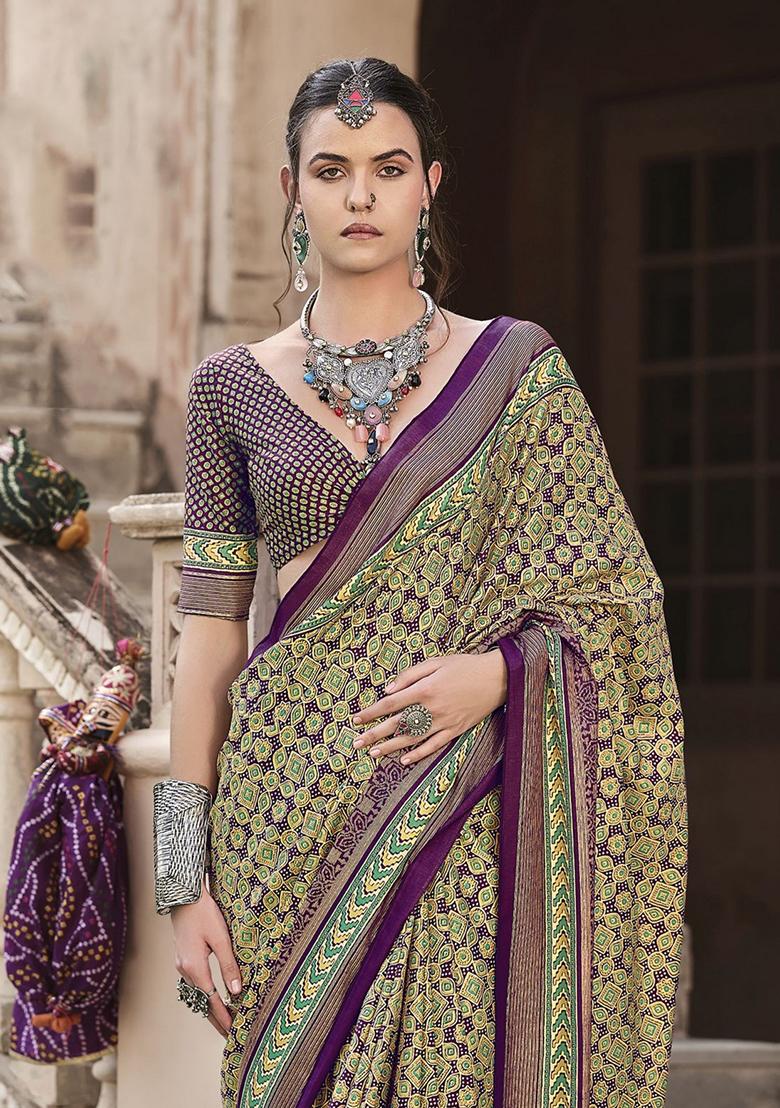 Purple Printed Silk Saree Set