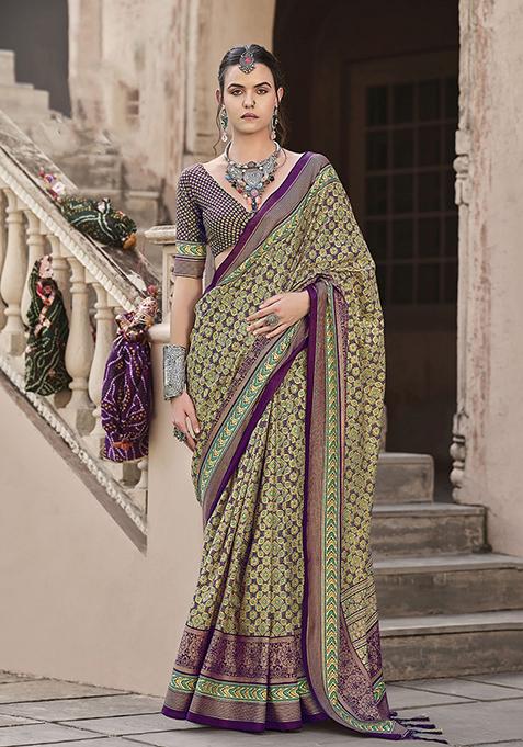 Purple Printed Silk Saree Set