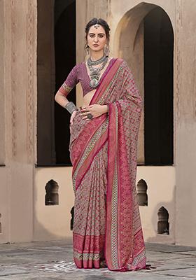 Pink Printed Silk Saree Set