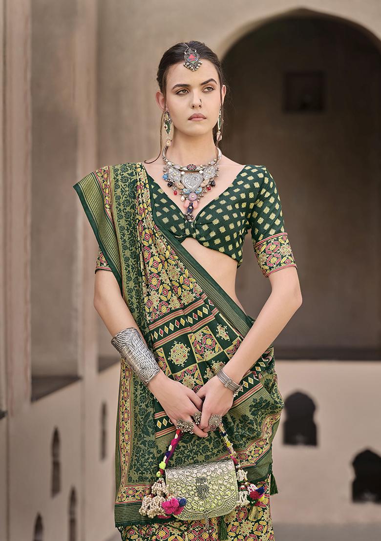 Green Printed Silk Saree Set