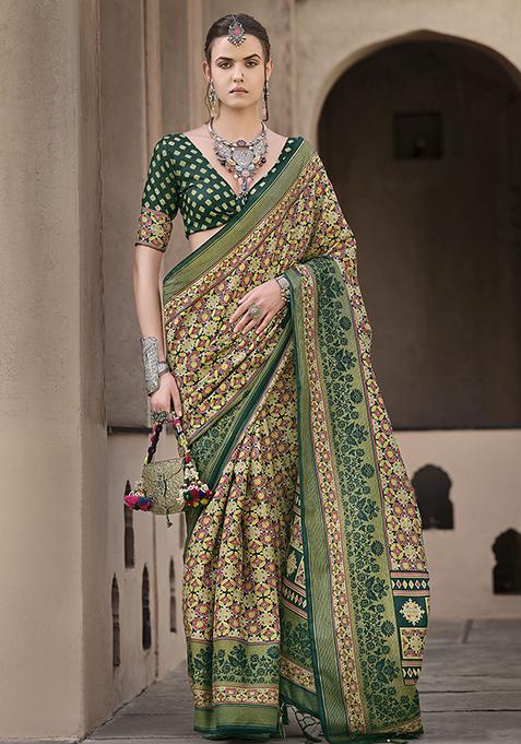 Green Printed Silk Saree Set
