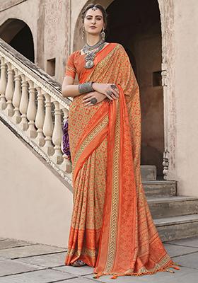 Orange Printed Silk Saree Set