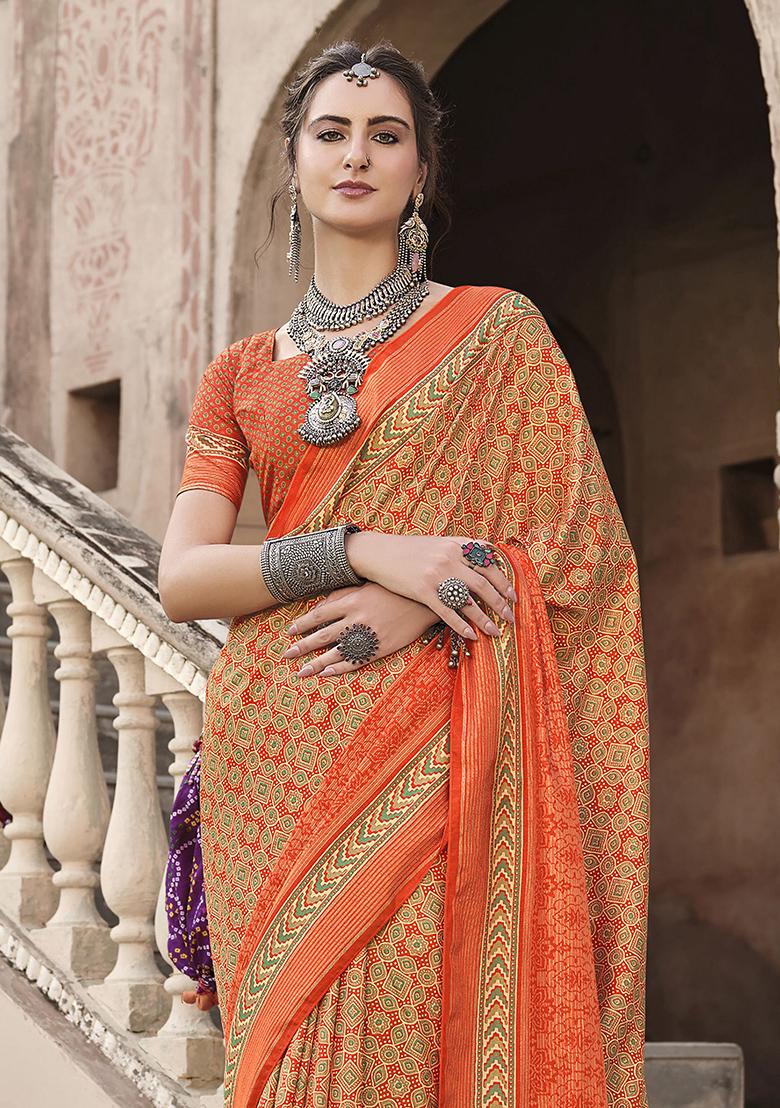 Orange Printed Silk Saree Set