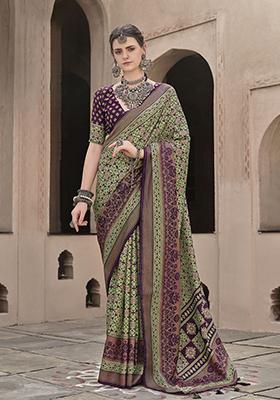 Green Printed Silk Saree Set