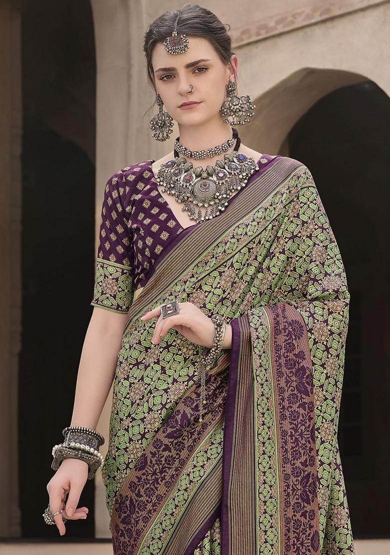 Green Printed Silk Saree Set