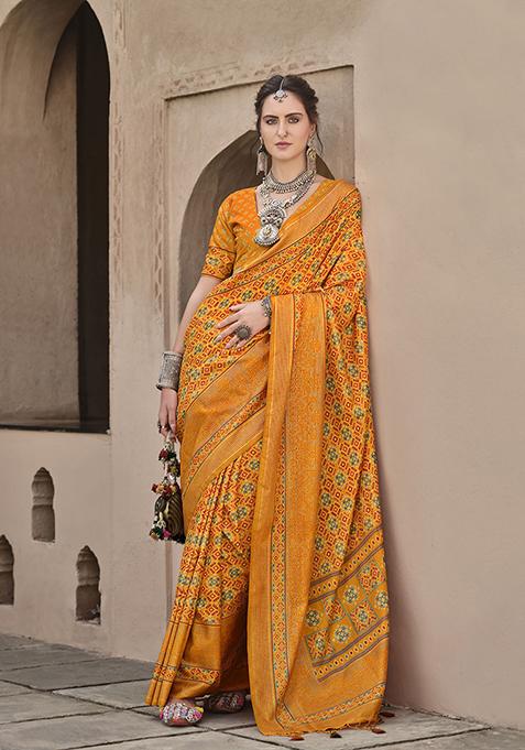 Yellow Printed Silk Saree Set