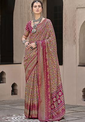 Pink Printed Silk Saree Set