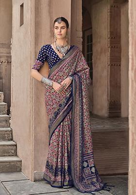 Blue Printed Silk Saree Set