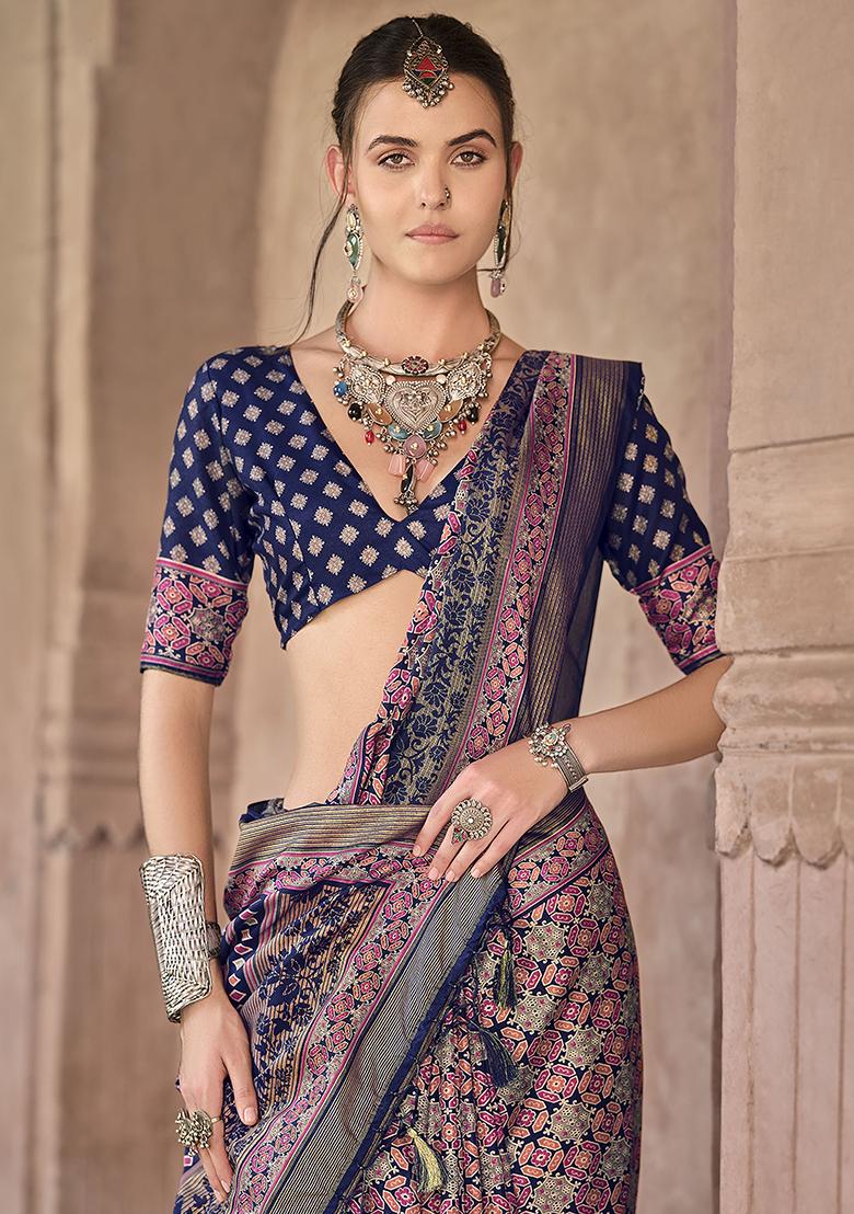 Blue Printed Silk Saree Set