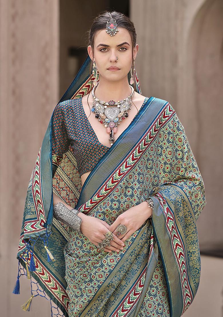 Teal Printed Silk Saree Set