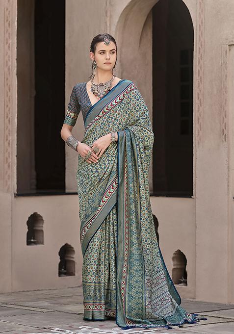Teal Printed Silk Saree Set