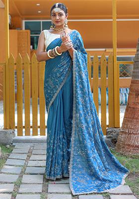 Blue Embroidered Silk Saree Set