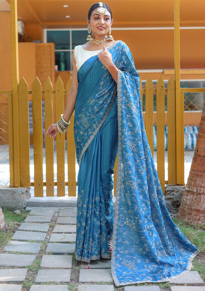 Blue Embroidered Silk Saree Set