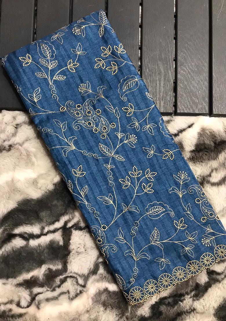 Blue Embroidered Silk Saree Set