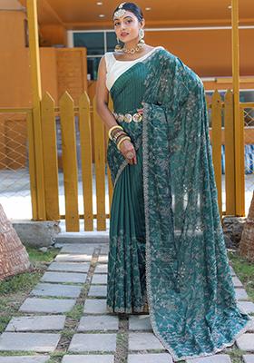Green Embroidered Silk Saree Set