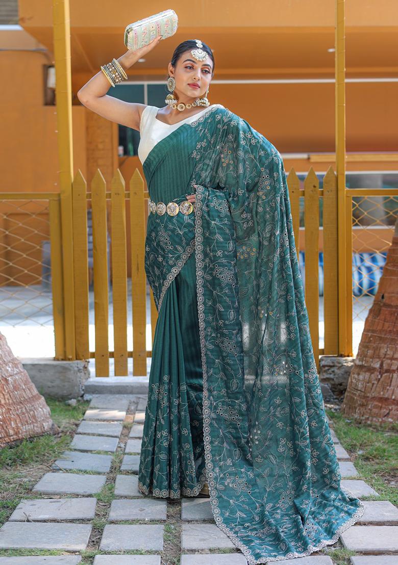 Green Embroidered Silk Saree Set