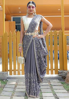 Grey Embroidered Silk Saree Set