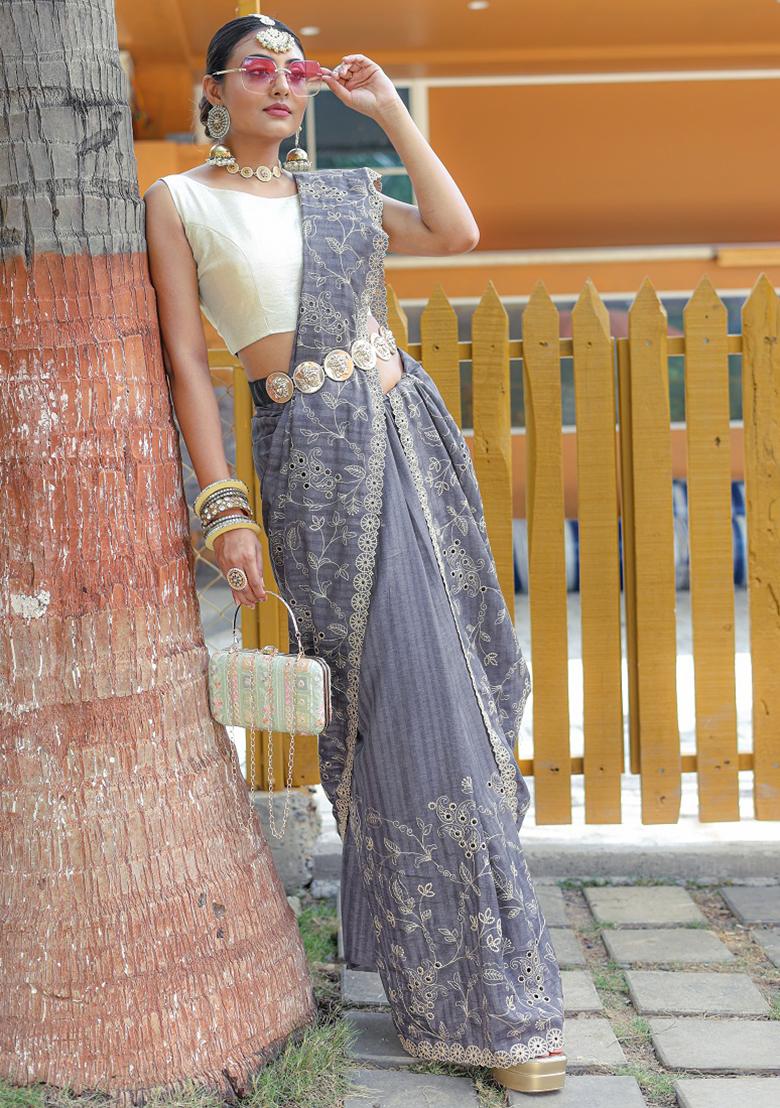 Grey Embroidered Silk Saree Set