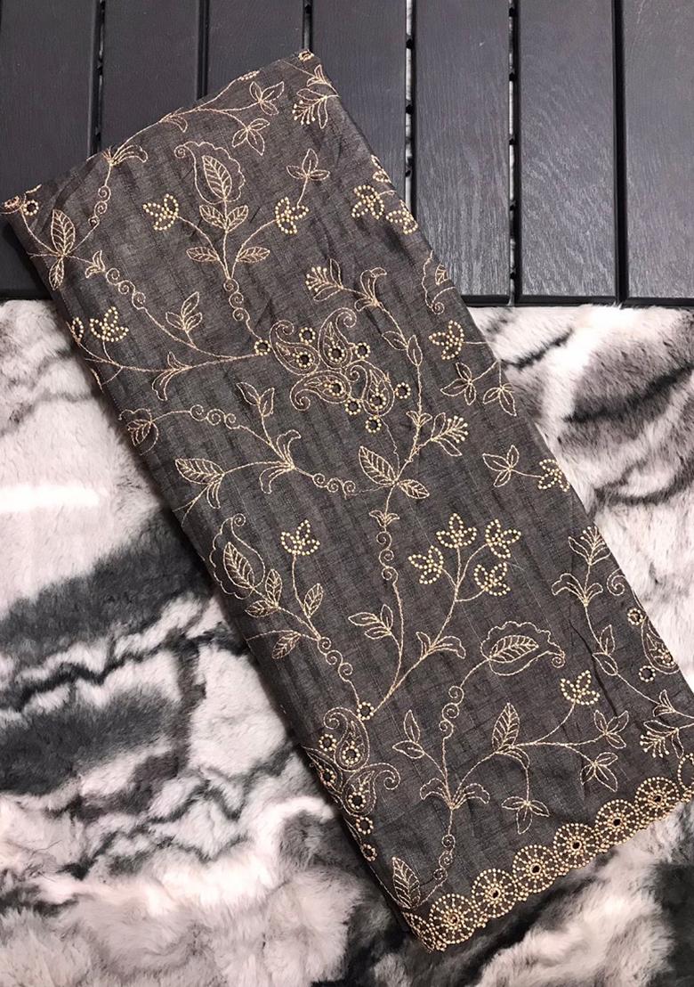 Grey Embroidered Silk Saree Set