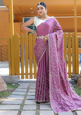 Lavender Embroidered Silk Saree Set