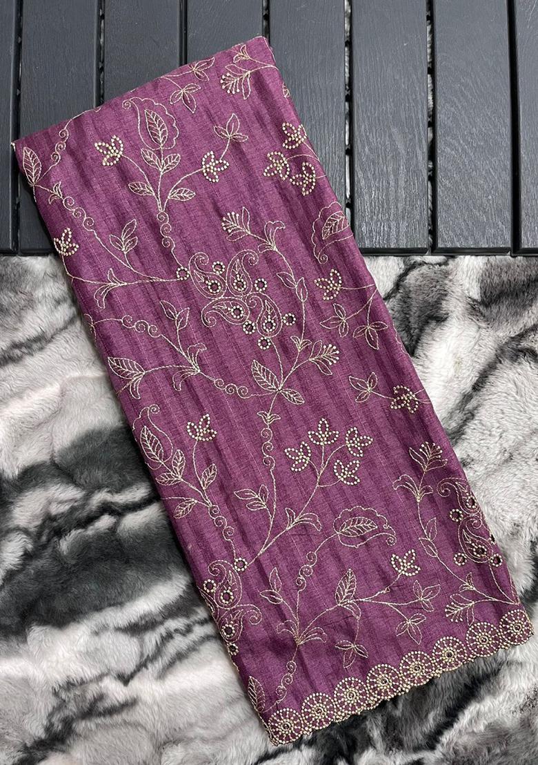Lavender Embroidered Silk Saree Set