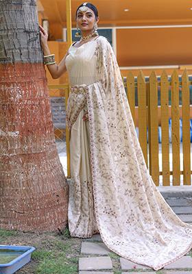 Off White Embroidered Silk Saree Set