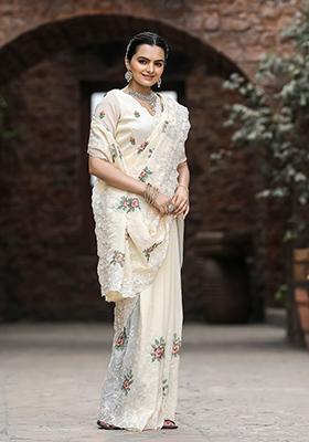 Cream Embroidered Chiffon Saree Set