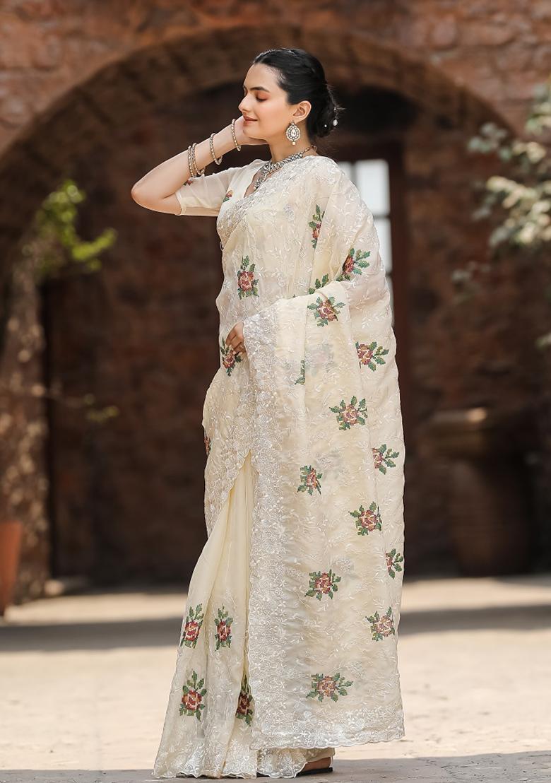 Cream Embroidered Chiffon Saree Set